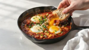 Quick healthy international breakfast recipes with fresh fruits, eggs, and whole grains on a wooden table.