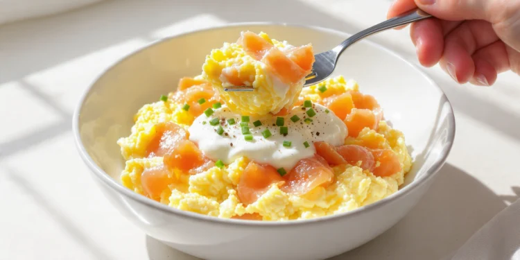 Quick healthy low-carb breakfast with eggs, avocado, smoked salmon, and fresh greens on a white plate.