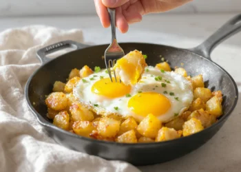Healthy breakfast made from leftovers — repurposed rice, veggies, and eggs on a morning plate.