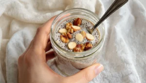 Quick healthy breakfast recipes with seeds and nuts including chia pudding, granola bowl, almonds, and pumpkin seeds.