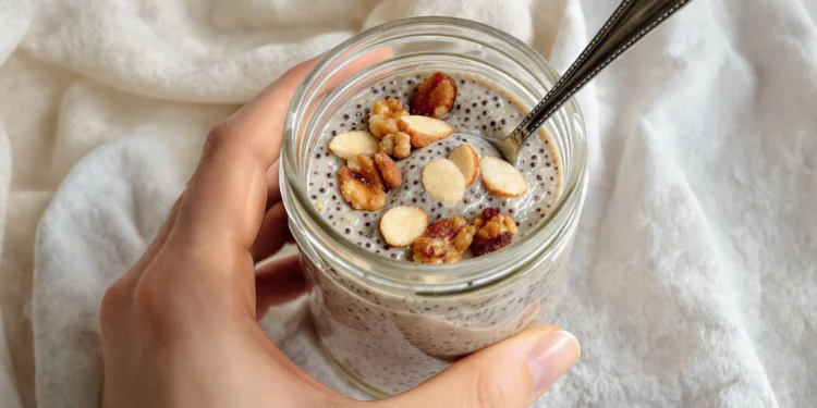 Quick healthy breakfast recipes with seeds and nuts including chia pudding, granola bowl, almonds, and pumpkin seeds.