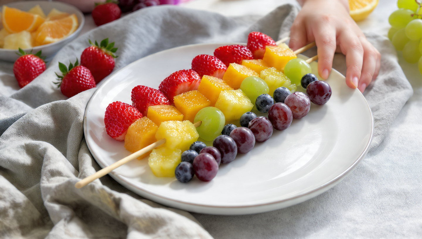 Colorful rainbow fruit skewers on a white plate
