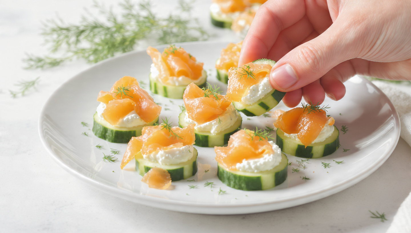 Smoked salmon cucumber bites with cream cheese and dill on a slate board