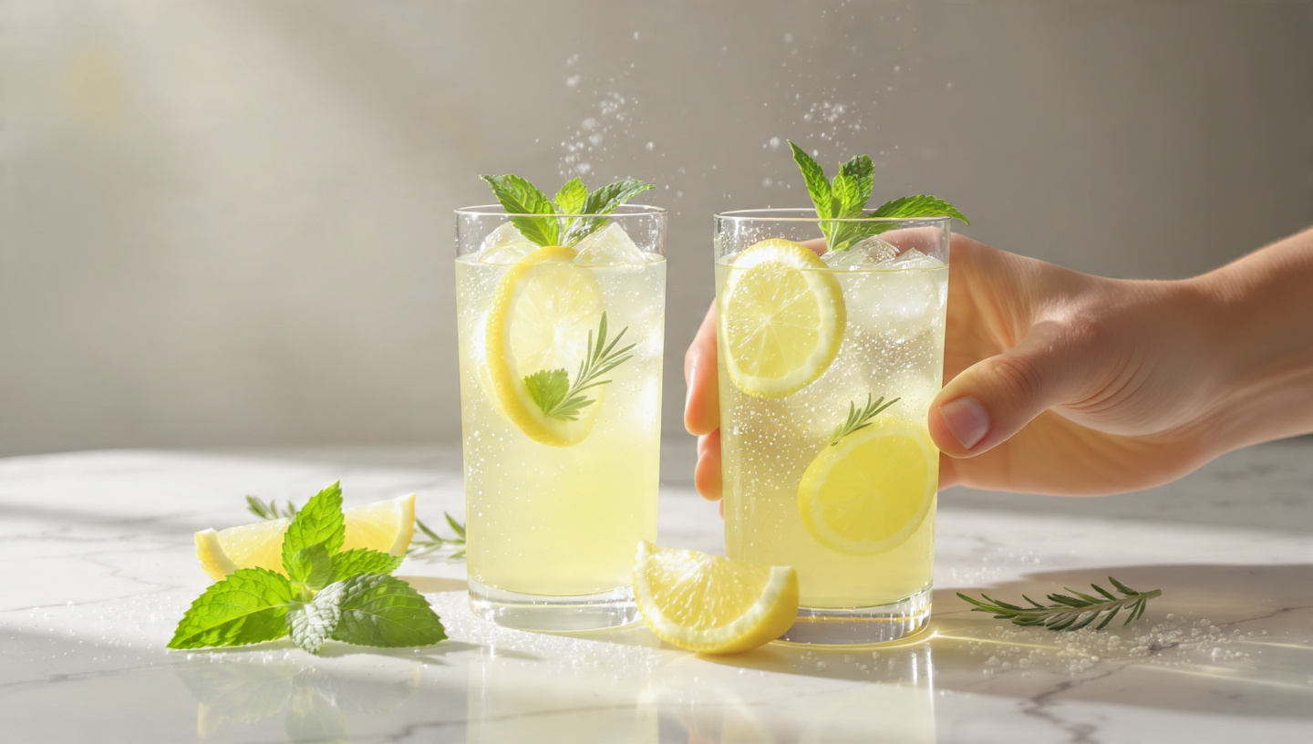 Two mason jars of sparkling lemonade with rosemary and lemon slices