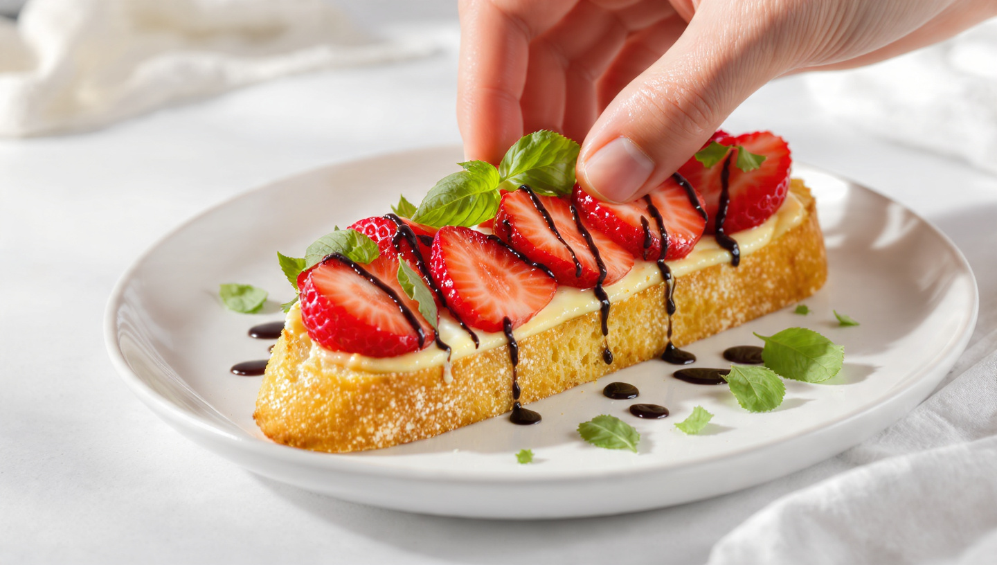 Strawberry brie crostini drizzled with honey on a marble board
