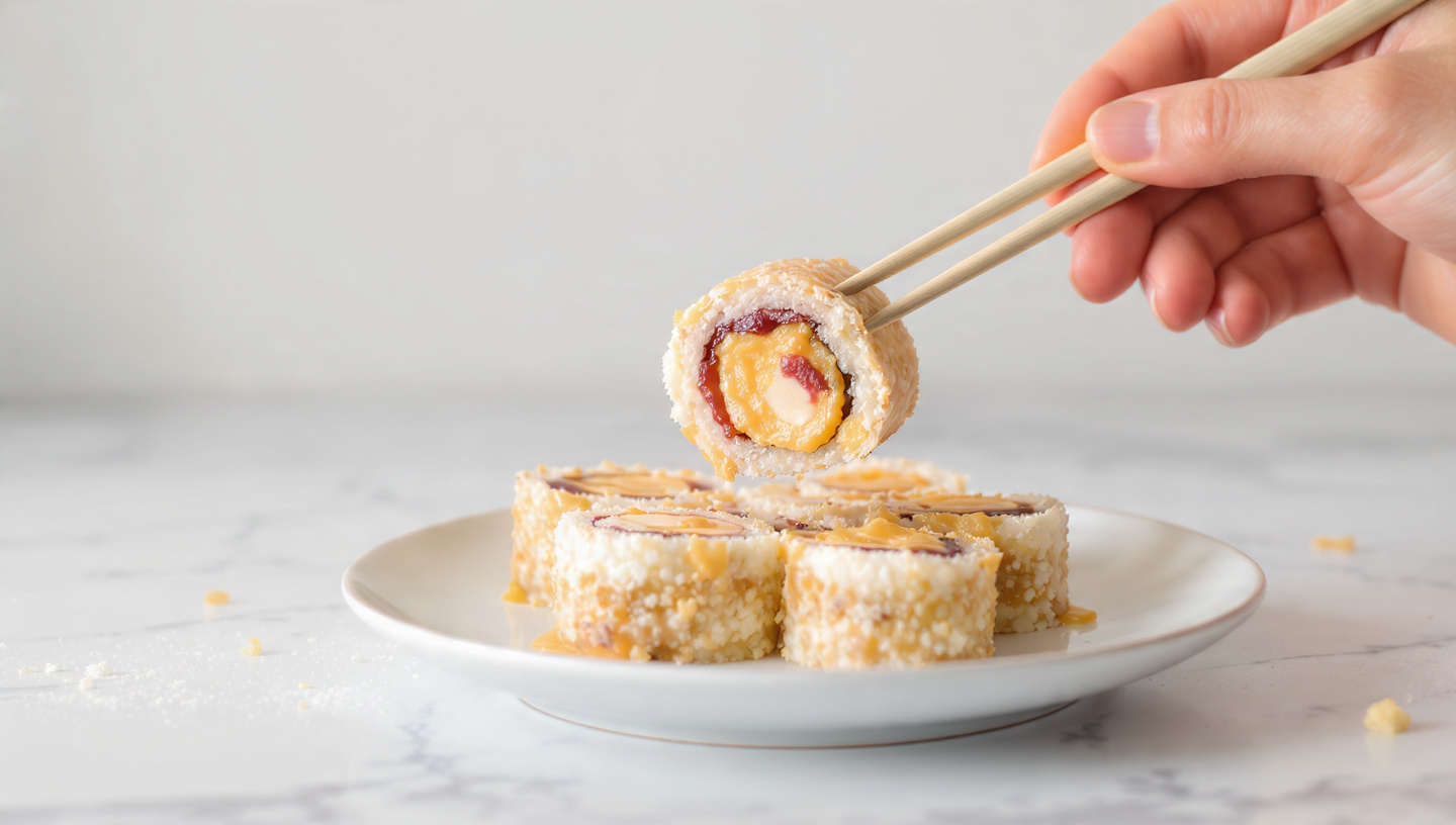 PB and J sushi rolls lined up on parchment, kid-friendly