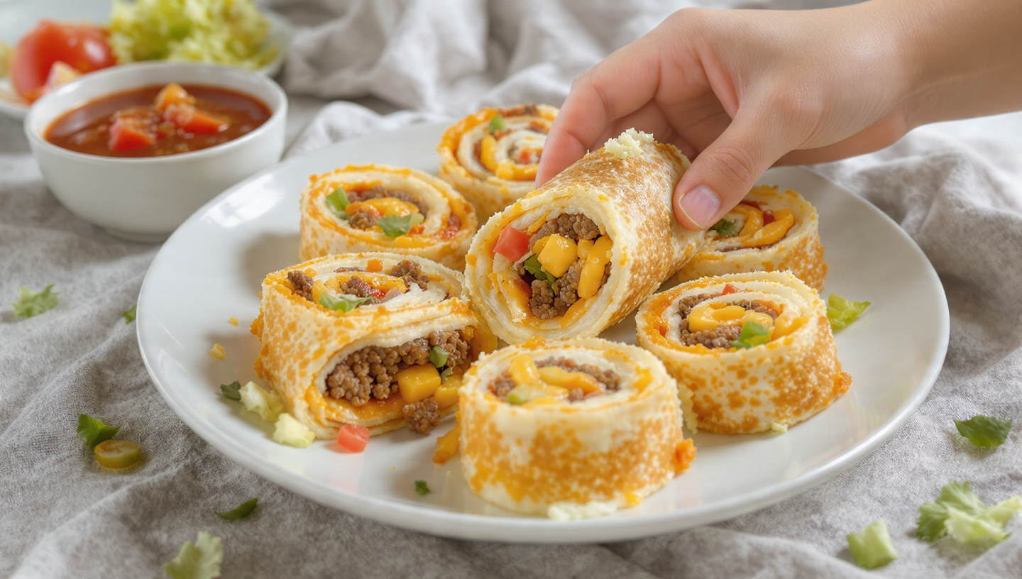 Taco roll-ups sliced in half and wrapped in foil