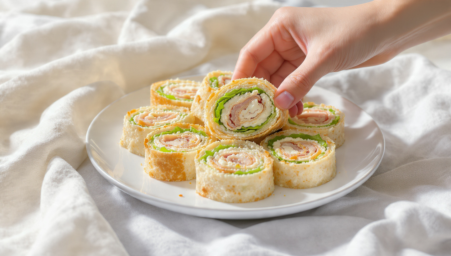 Turkey pinwheels sliced on a wooden board
