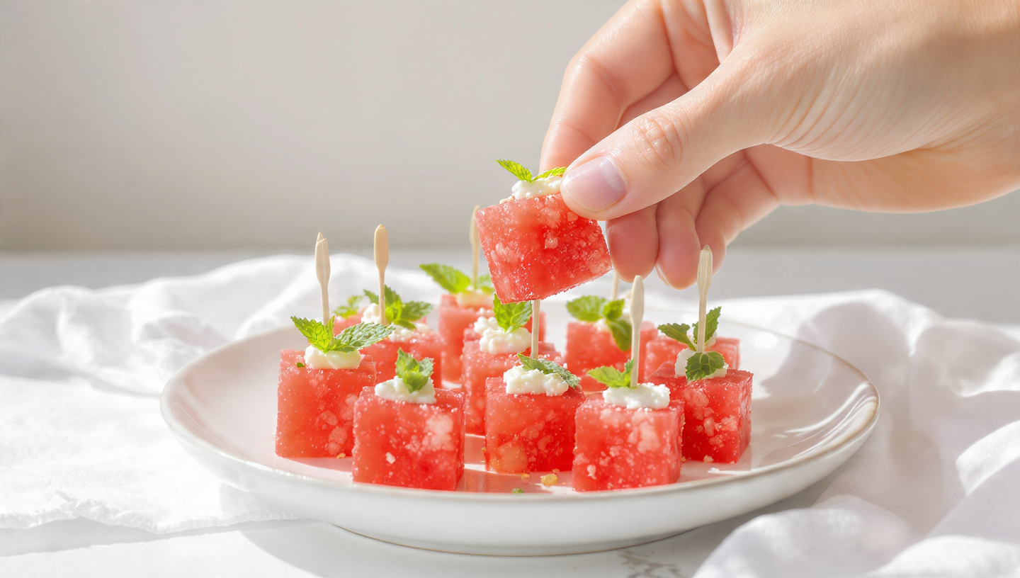 Watermelon feta bites with mint in a clear container