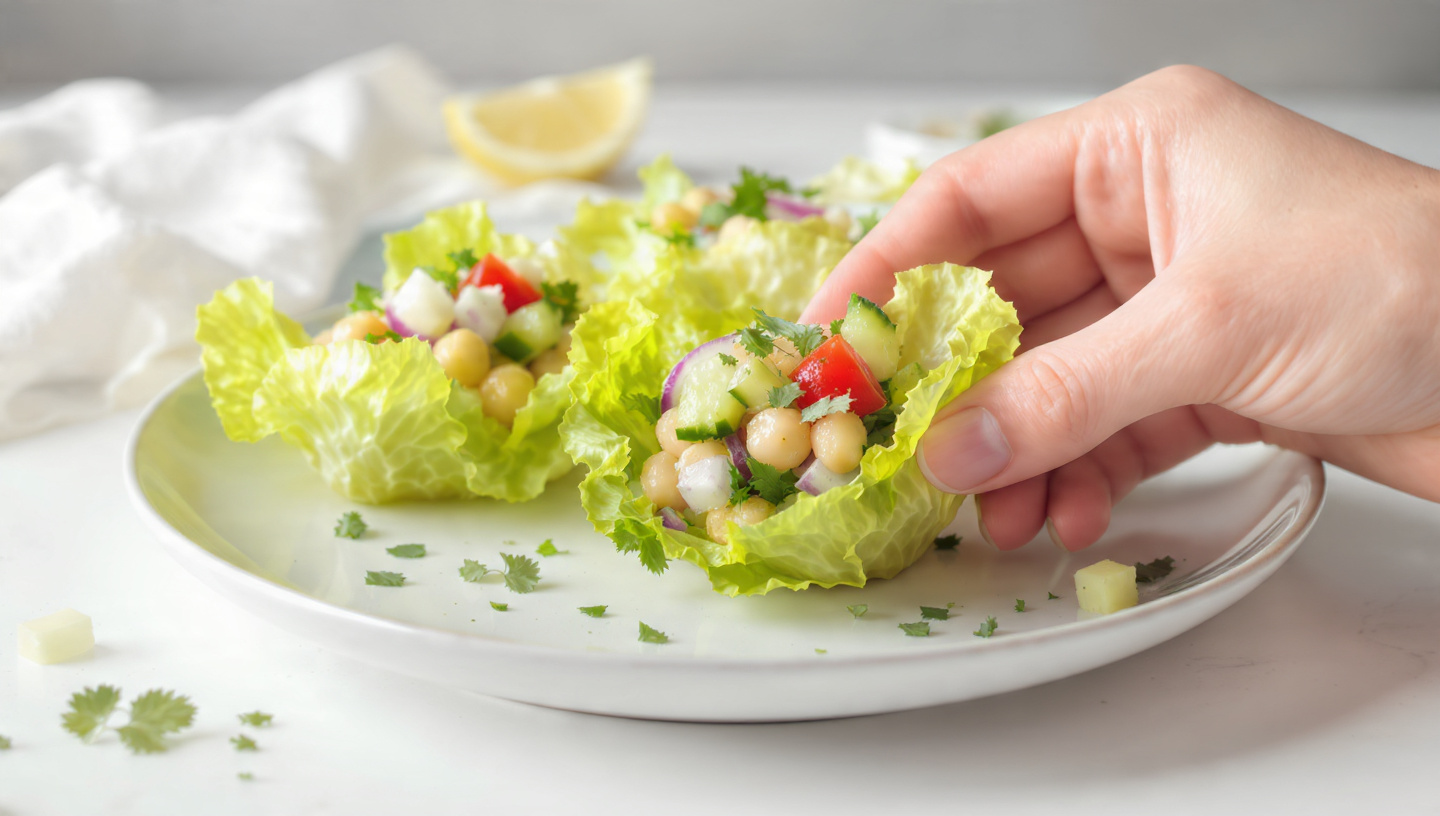 Chickpea salad spooned into butter lettuce cups on a plate