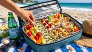 Easy beach food ideas with sandwiches, fresh fruit, and snacks, perfect for a summer picnic by the sea