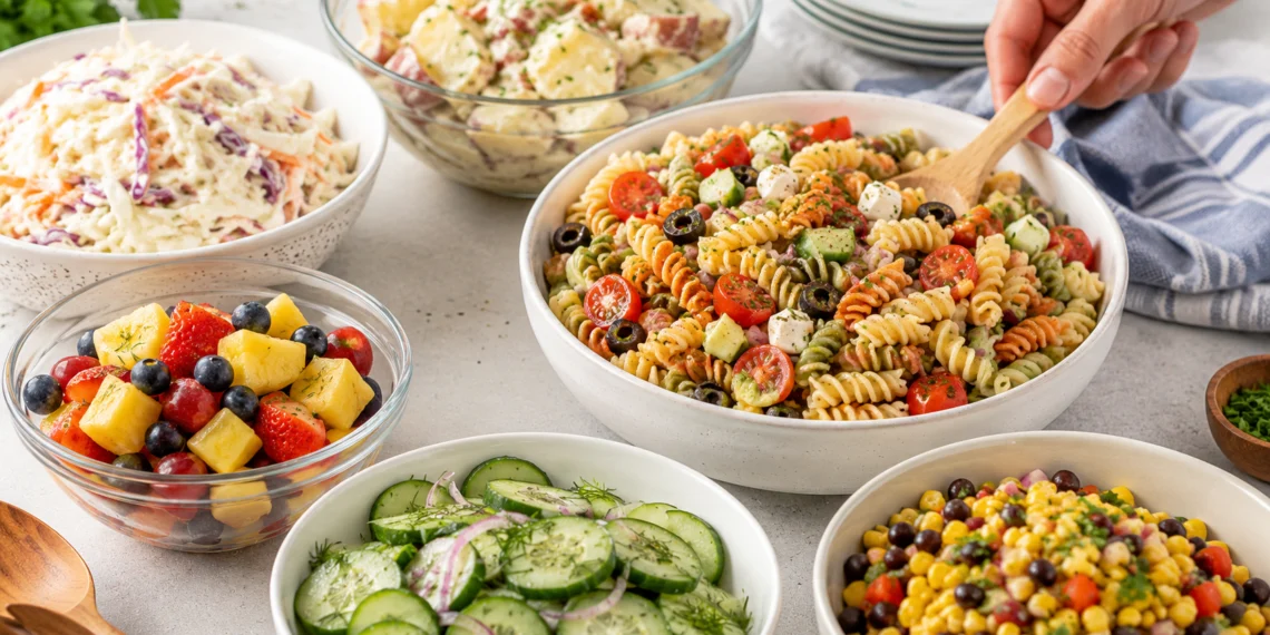 Easy no cook cookout side dishes including coleslaw, pasta salad, and watermelon on a picnic table
