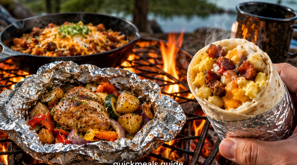 Easy pre-made camping meals in foil packets and mason jars prepped and ready for a campfire cookout outdoors.