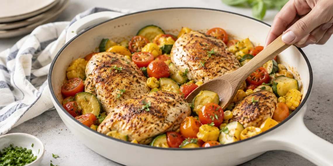 One pan summer chicken dinner with roasted vegetables and herbs in a cast iron skillet