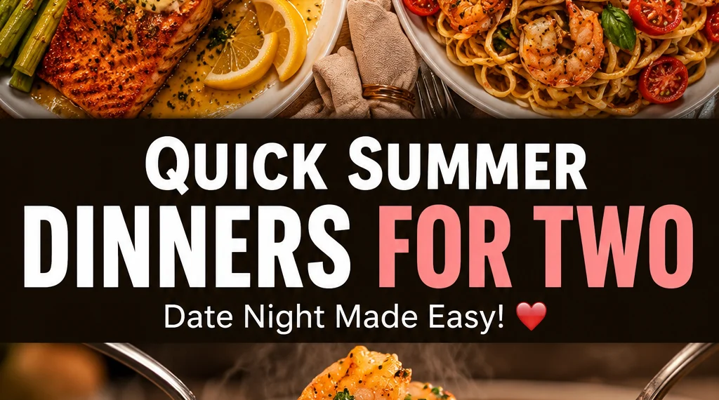 Quick summer dinner recipes for two — grilled chicken, cucumber salad, and gazpacho on a patio table