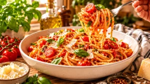 Quick tomato basil pasta with fresh tomatoes and herbs, easy Italian pasta recipe ready in minutes