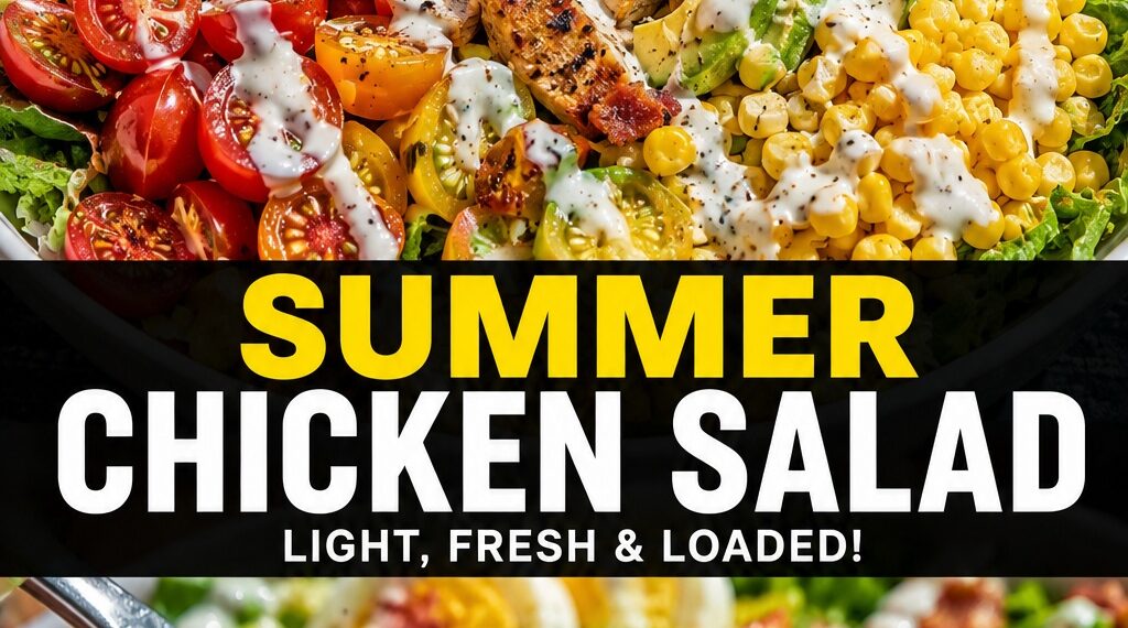 Summer chicken salad with grilled chicken, mixed greens, cherry tomatoes, and cucumber in a white bowl on a neutral background.