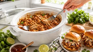 Slow cooker summer chicken recipe with vegetables, easy crockpot meal, juicy shredded chicken dish