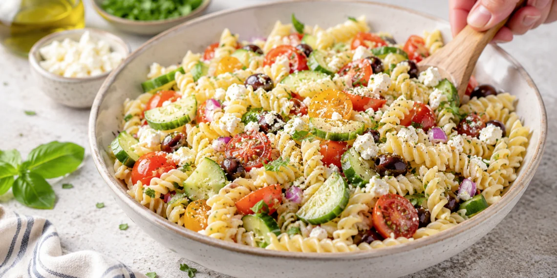 Summer pasta salad with feta cheese, cherry tomatoes, cucumber, and olives in a light lemon vinaigrette