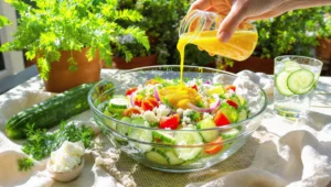 Refreshing easy cucumber summer salad with fresh herbs and a light, tangy dressing.