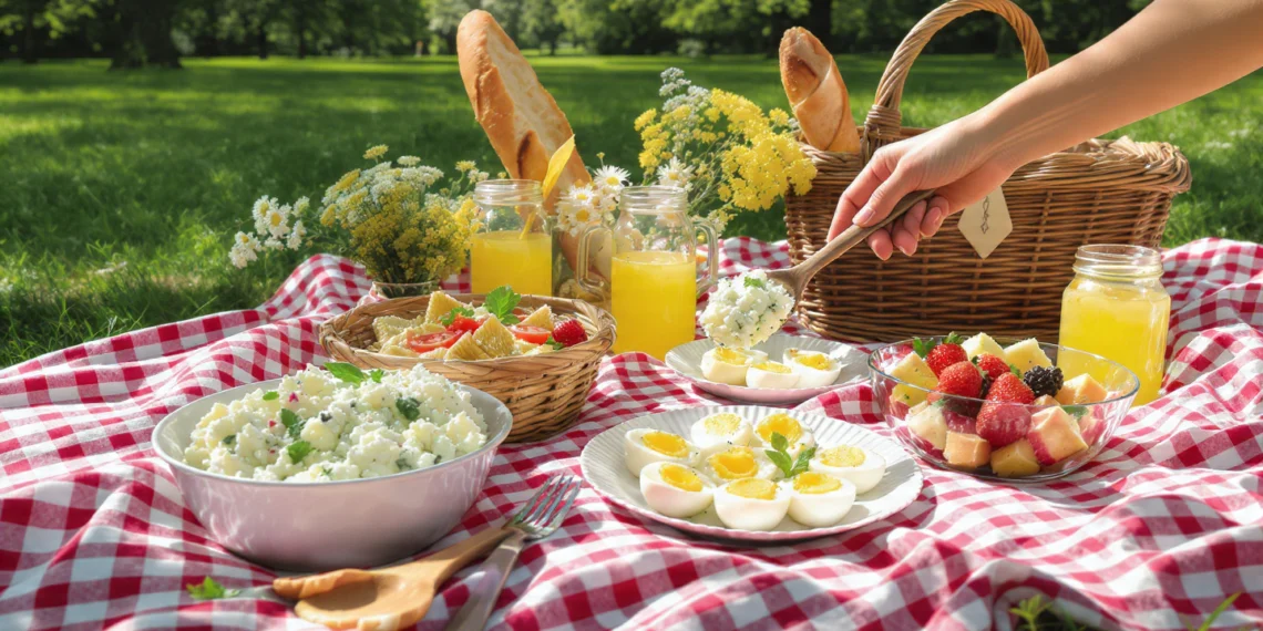 Easy picnic side dishes with pasta salad, fresh fruit, and veggie platters for outdoor meals.