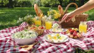 Easy picnic side dishes with pasta salad, fresh fruit, and veggie platters for outdoor meals.