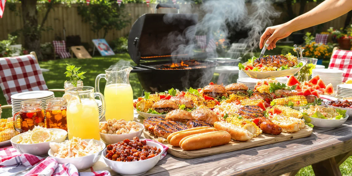 Summer cookout menu with grilled meats, fresh salads, corn on the cob, and refreshing side dishes