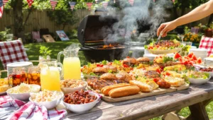 Summer cookout menu with grilled meats, fresh salads, corn on the cob, and refreshing side dishes