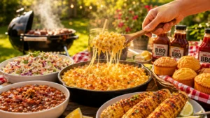 Easy summer BBQ side dishes including corn, coleslaw, and pasta salad on a picnic table