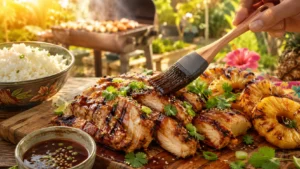 Grilled pineapple chicken with caramelized pineapple rings, soy marinade, and scallions — easy summer BBQ recipe