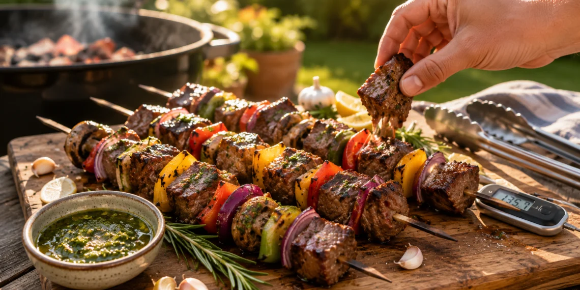 Grilled steak kabobs with peppers and onions, juicy and charred for a flavorful BBQ recipe.