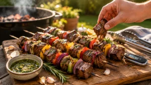 Grilled steak kabobs with peppers and onions, juicy and charred for a flavorful BBQ recipe.