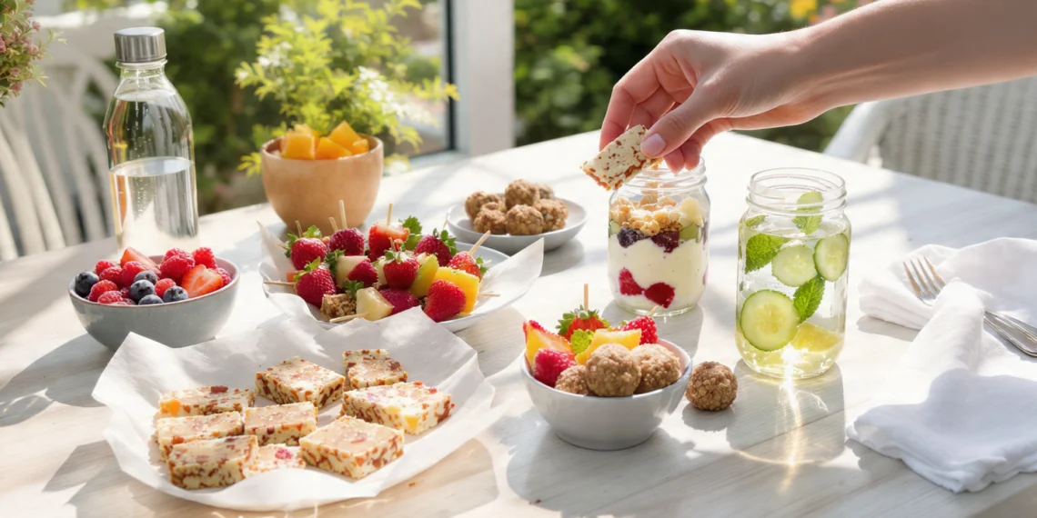 Healthy summer snacks with fresh fruit, yogurt, nuts, and light bites on a bright table
