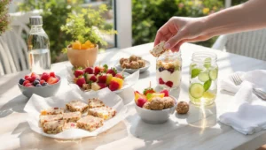 Healthy summer snacks with fresh fruit, yogurt, nuts, and light bites on a bright table