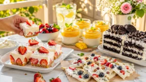 No bake summer desserts with cheesecake, fruit tarts, and chocolate mousse on a white marble surface