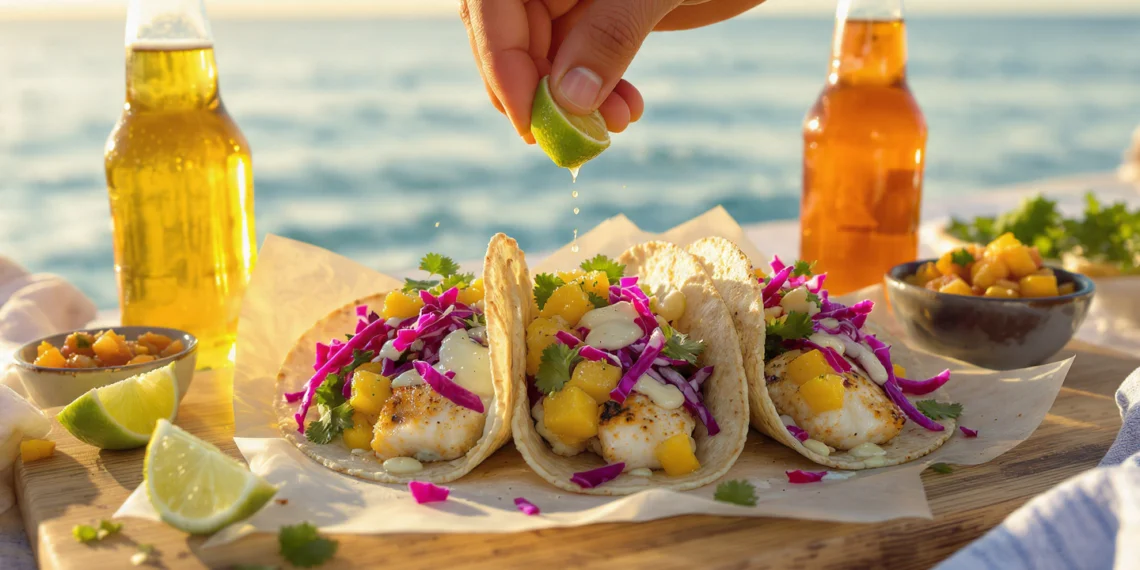Grilled fish tacos with cabbage slaw, avocado slices, and lime on soft tortillas