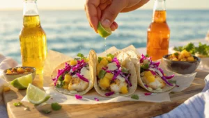 Grilled fish tacos with cabbage slaw, avocado slices, and lime on soft tortillas