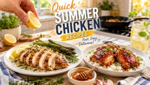 Quick summer chicken recipes – grilled chicken with lemon, herbs, and fresh vegetables for an easy weeknight dinner