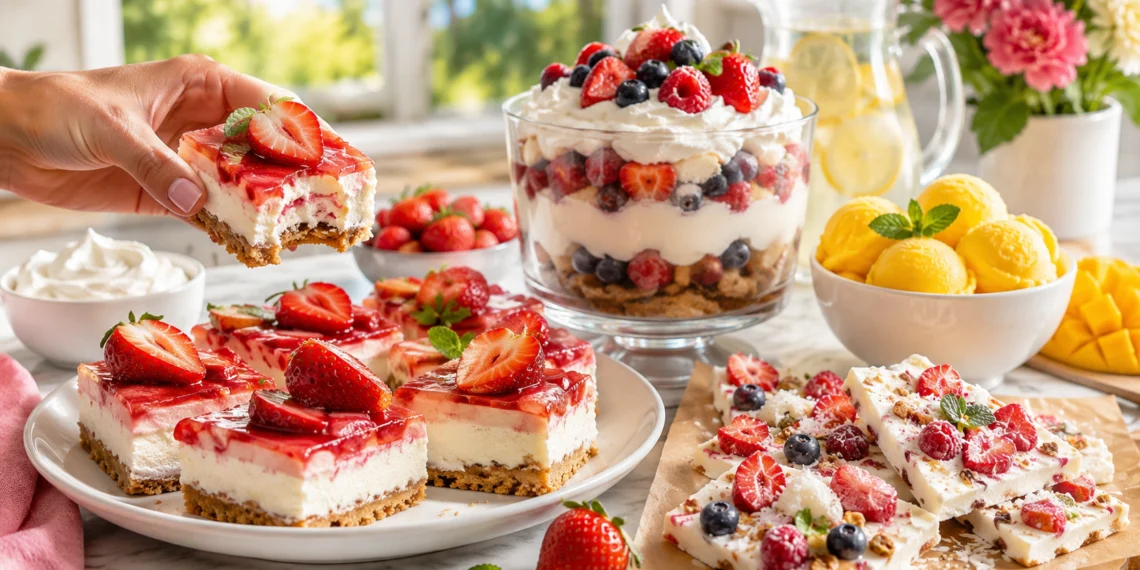 Quick summer dessert recipes with fruit parfaits, no-bake treats, and chilled sweets on display.