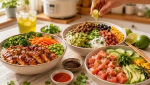 Quick summer rice bowls with avocado, grilled corn, black beans, and cilantro-lime dressing — easy meal