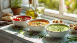 Quick summer soups with fresh vegetables, chilled and light broths served in bowls