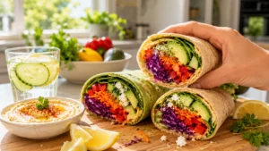 Quick Summer Veggie Wraps filled with crisp romaine lettuce, creamy avocado slices, shredded carrots, red bell pepper strips, cucumber, and a generous spread of hummus, all wrapped in a soft whole-wheat tortilla