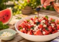 Watermelon feta salad with mint and olive oil, a quick refreshing summer side dish