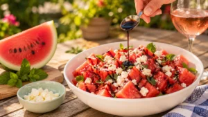 Watermelon feta salad with mint and olive oil, a quick refreshing summer side dish