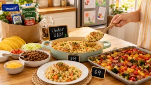 Budget-friendly summer dinner ideas with grilled chicken, rice, and fresh vegetables on a rustic table