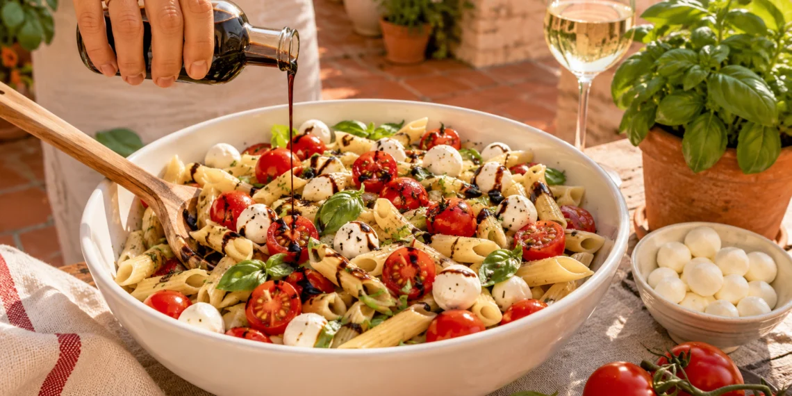 Caprese pasta salad with mozzarella, cherry tomatoes, basil in bowl