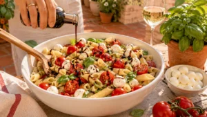 Caprese pasta salad with mozzarella, cherry tomatoes, basil in bowl