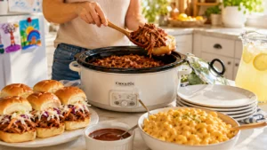Summer crockpot family meal with fresh vegetables and herbs in a slow cooker